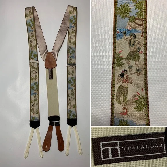 Trafalgar limited edition Hawaiian dancers print suspenders silk leather… - Picture 1 of 12